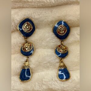 Blue and Gold Enameled Dangle Earrings NWOT
